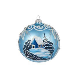 Sky Blue Christmas Ornament Polish Blown Glass Ball Medium Bauble 5 inch/120mm Hand Painted Winter Wonderland