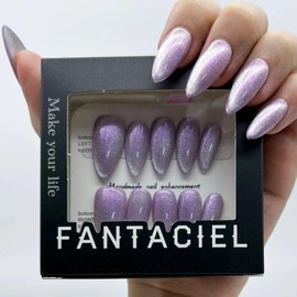 FANTACIEL 10 PCS Handemade Press On Nails Cat Eye Design Acrylic Nails Reusable Almond Fake Nails Wistaria Almond L