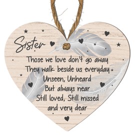 Sister Memorial Plaque - Beautiful Memorial Keepsake for Remembering a Beloved Sister - 'Those We Love Don’t Go Away' Feather and Heart Design with Sentimental Message