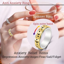 AmorArtSky Spinner Ring for Anxiety Relief Fidget: Anxiety Ring for Women Men, Titanium Stainless Steel Spinner Ring, 5 Colors, 6MM, Size 10, Moon Star Fidget Ring-Gold