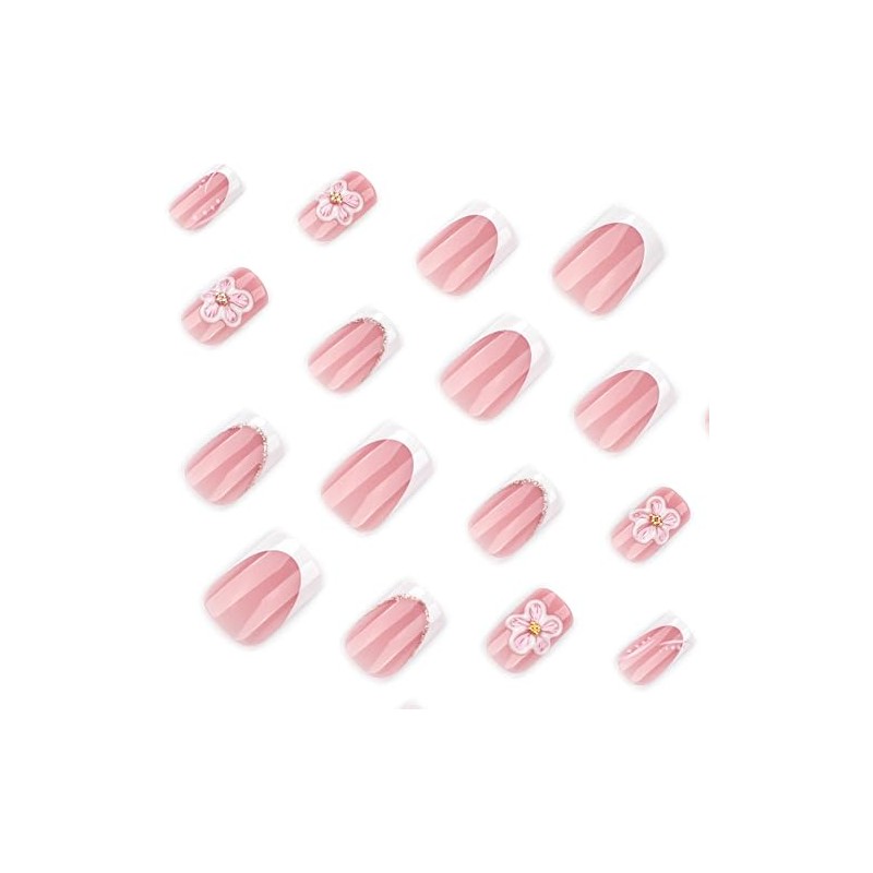 Uñas postizas cortas cuadradas de acrílico blanco con diseños florales,