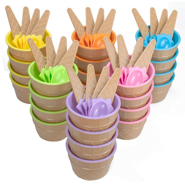 Lawei 24 Pack Ice Cream Cups with Spoons - Reusable Plastic ice cream bowls Sundae Frozen Yogurt