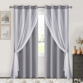 DWCN Grey Layered Curtains for Living Room Blackout and Sheer Curtains with Tiebacks Grommet Top Window Curtain Panels with Sheer Overlay for Bedroom, 52" x 84", 2 Pieces