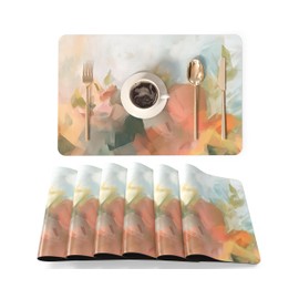 QIYI Faux Leather Place Mats Set of 6 - PU Placemats 45 x 30 cm, Waterproof, Oil & Heat Resistant, Non-Slip for Kitchen, Dining Table, Indoor & Outdoor, Abstract Pastel Oil Painting in Impressionism