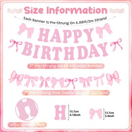 QRTDXP Pink Bow Happy Birthday Banner and 6pcs Balloons,Pink Garland Party Decoration Set for Girls or Woman
