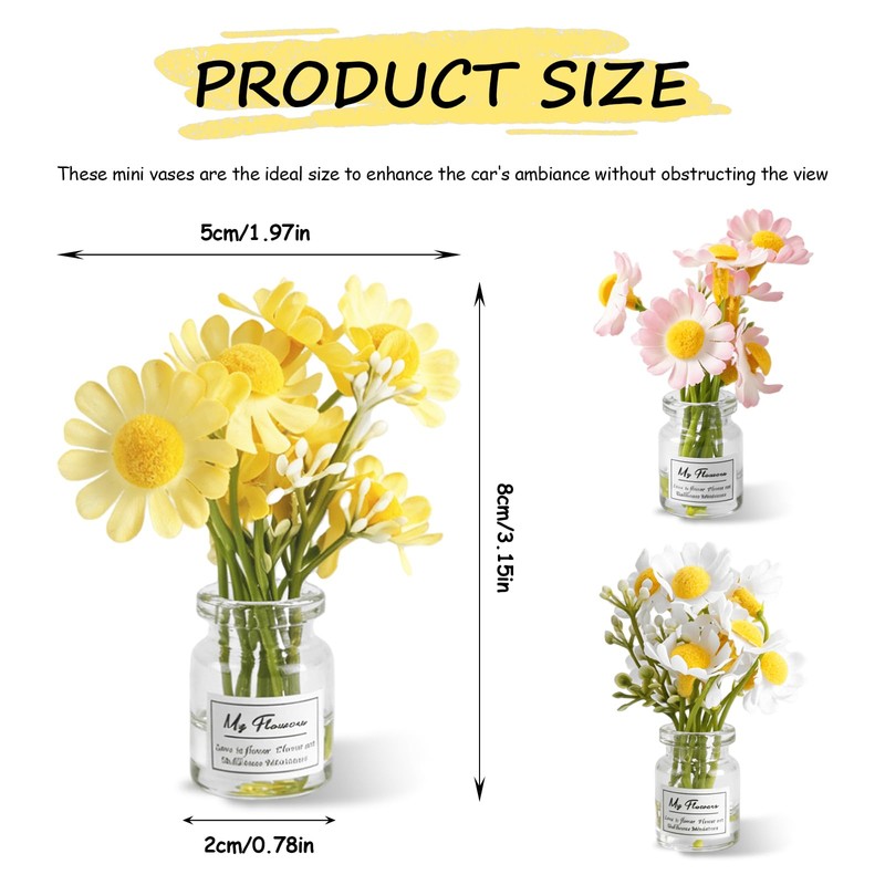 VBGURR 3Pcs Mini Daisy Car Decor Set, Cute Dashboard Ornaments