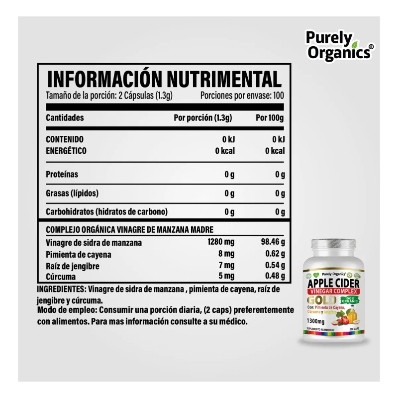 Vinagre De Manzana Complex Gold 200 Caps Purely Organics Sabor