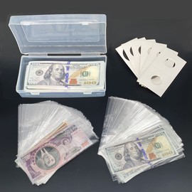 Smatagee 200 Pcs Clear Plastic Paper Money Sleeves Holder with Storage Box,Bill Protector Slab Holder for Currency, Money, Bill, Banknote, Stamp and 6 Pcs Cardboard Coin Holders 6 Sizes Coin Flips