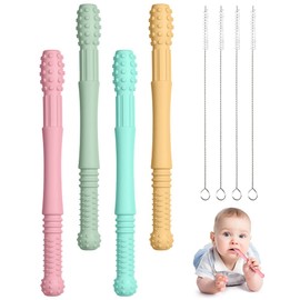 Vicloon Beißring Baby, 8-Teiliges Set Baby Beißröhrchen Silikon, 4 Stück Zahnungshilfe +4 Stück Reinigungsbürste für Baby 6-12 Monate Sensorisches Kauen Molar Spielzeug(Round head)