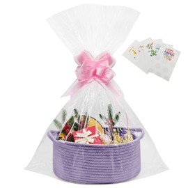Gift Baskets Empty,1 Pcs Empty Hamper Basket with 2 Transparent Bags and 2 Pull Bows,Cotton Rope Basket for Baby Shower,Wedding,Birthday,Easter,Graduations(33 x 20 x 13 cm) (Purple 1Pcs)