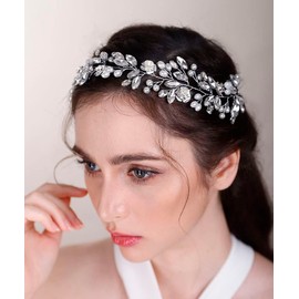 Chargances Bride Pearl Flower Headband Wedding Crystal Long Hair Vine Bridal Rhinestone Prom Hair Accessories for Women and Girls (Gold)