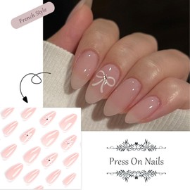 24Pcs Short False Nails - Pink French False Nails Press on Nails - Full Cover False Nails White Almond Stick on Nails - French Fake Nails Stick on Nails for Women and Girls Nail Art