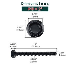 #10 x 2" Black Hex Washer Head Self Drilling Screws (50 pcs), 410 Stainless Steel, Black Oxide Coated, Quick Steel Self Tapping Sheet Metal Tek Screws, Fayeploo