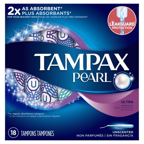 Tampax Pearl Tampons with Plastic Applicator, Ultra Absorbency, Unscented, 18 Count - Pack of 12 (216 Count Total)