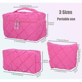 3Pcs Makeup Bag Set,Travel Portable Large Down Water Proof Cosmetic Bags for Women,Bathroom Coquette Toiletries Organiser, Cute Girls Zipper Pouch Toiletry Bags,Skin Care Bag for Ladies (Dark Pink)