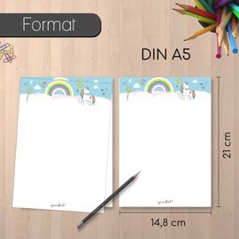 2 unicorn writing pads, DIN A5, set of 2 notepads, writing paper with pink motif, blank, without lines, glued to tear off, dv_101