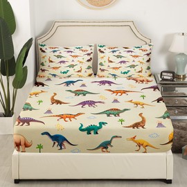 Homemissing Dinosaur Fitted Sheet Set Double Size For Kids Boys Teens Dino Bed Sheet Set Dino Bedding Set Decorative Bedspread Cover Deep Pocket with 2 Pillowcase,3Pcs