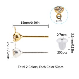 SUNNYCLUE 1 Box 300Pcs Earring Posts 100pcs Rhinestone Earrings Studs 200pcs Plastic Ear Nuts Rhinestone Earrings Posts with Loop Gold Silver Earrings Studs for Earrings Jewelry Making Hole 0.5mm