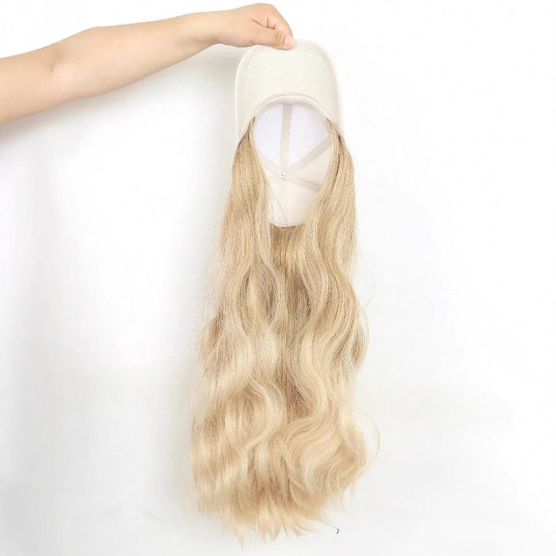Baseball Cap with Attached Wavy Blonde Hair Extension, White Cap