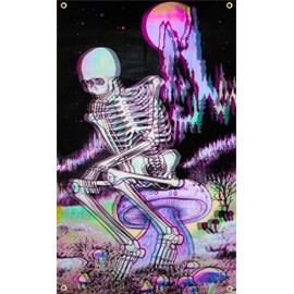 The Thinker Psychedelic Skeleton Mushroom Wall Art Flag - 3' X 5' Trippy Tapestry Skull Room Decor for Men - Cool Grunge Aesthetic Bedroom Accessories for Women - Stoner Hippie Emo Alt Hanging Tapestries