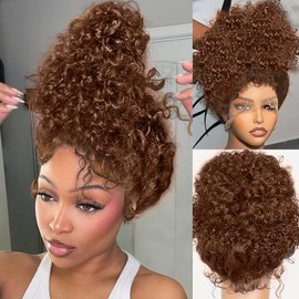 FFEGG 250% Density Curly Human Hair wig 13x6 Auburn Brown Mongolian Deep Transparent Lace Front Wigs for Women With Baby Hair Chocolate Curly Lace Front Wig 24 Inch