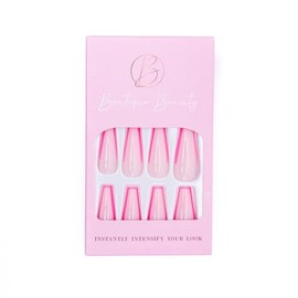 Boutique Beauty Premium Press On Nails (Neon Pink Trim) – Unique, Durable, and Trendy Designs with Adhesive Tabs - Long Coffin Shape