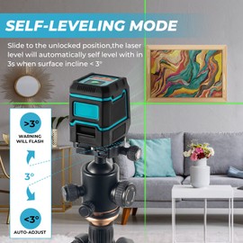 Nivel Láser, Nivel Láser Autonivelante con Línea Vertical y Horizontal, IP54 Nivel Láser con Línea Verde Cruzada, Nivelador de 100ft con Ajuste del Brillo para Colgar Cuadros, Decoración, Construcción