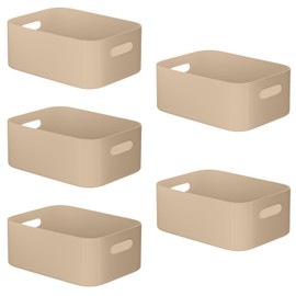 W&H 5 PCS Plastic Storage Boxes, Medium Kitchen Storage Boxes with Handle, Cupboard Storage & Organiser Boxes, Plastic Storage Baskets for Kitchen, Bathroom, Office, Home - 25×17×10cm (Beige)