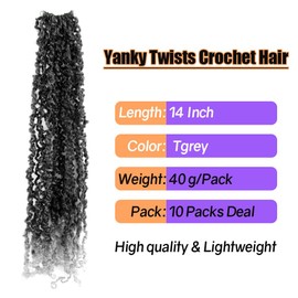 12 Inch 10 Packs Yanky Twist Crochet Hair Pre-twisted Ombre Gray Kinky Mini Spring Twist Small Curly Grey Senegalese Twist Braids (T-Gray)