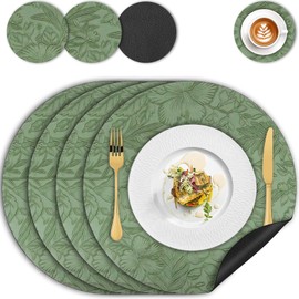Placemats and Coaster Sets 4, Round Floral Leather Place Mats 34cm, Heat Resistant Non-Slip Washable, Dual-Sided Two-Color Kitchen Coffee Table Mats for Home Dining Table Restaurant Hotel(Green Black)