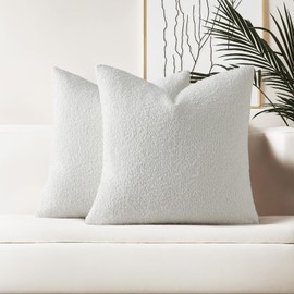 HAUSSY Set of 2 18x18 Decorative Throw Pillow Covers, Soft Cozy Textured Boucle Couch Cases, Home Decor for Couch Bed Living Room, White