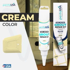 PentaUSA Tile Grout Repair Kit - Cream Grout Filler, Triple Protection, Fast Drying Formula Restores and Renews Joint Lines with Grout Float (Cream, 8.8oz / 250gr)