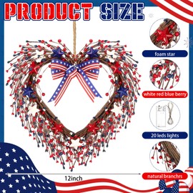 Yuefunny Patriotic Heart Wreaths for Front Door Red White Blue Pip Berry Star 4th of July Wreath 12 Inch with String Light Independence Memorial Day Veterans Day for Indoor Outdoor Window Decorations
