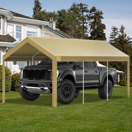 10x20 FT Heavy Duty Carport Replacement Canopy Cover, Durable Waterproof Tarp Shelter Top for Car, Garage, or Outdoor Use, Beige Color with Ball Bungees for Secure Fit