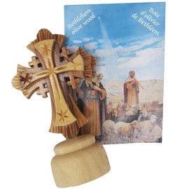 Needzo Small Standing Olive Wood Jerusalem Cross on Base, Bethlehem Wooden Crosses Religious Home Decor, Holy Land Crucifix Decorations for Tables, 4"