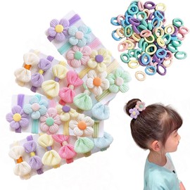 124pcs Toddler Hair Ties Set, Cute Elastic Hair Ties with Flower Bow, Ponytail Seamless Holders Scrunchies Hair Accessories (MIX-E 24 pcs +100 PCS)