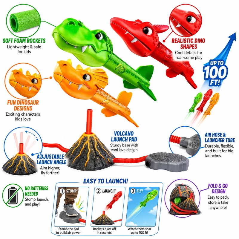 Dinosaur Rocket Launcher Toy for Kids – Foam Dino Outdoor