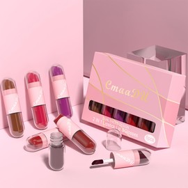 Holzsammlung 6Pcs Matte Liquid Lipstick Makeup Set, 2 IN 1 Pink and Red Dark Ruby Rose Red Hot pink Purple Brown Matte Vegan Long-Lasting Wear Non-Stick Cup Not Fade Waterproof Lip Gloss#02