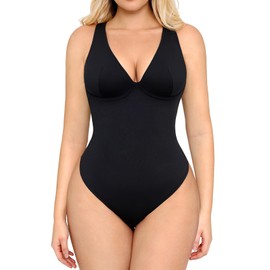 FeelinGirl Balck Bodysuit Women Tummy Control Sleeveless Pluge Deep V Tank Tops Double Lined Backless Body Suit L