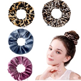 4 x Leopard Print Velvet Hair Scrunchies Yellow Leopard White Blue Pink