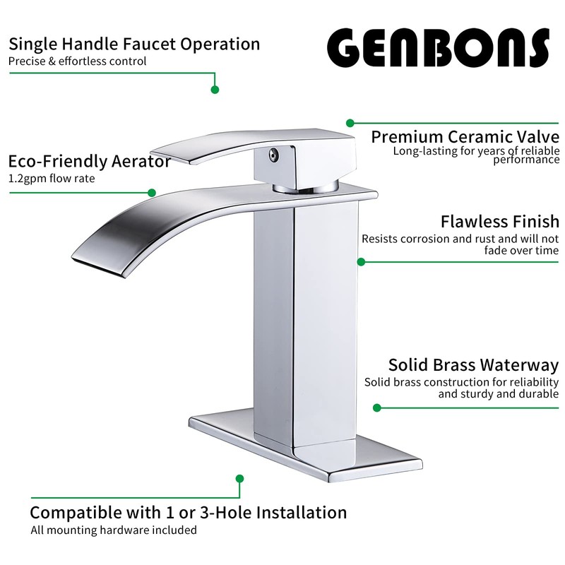 GENBONS Chrome Bathroom Faucet Waterfall Single Handle Bathroom Sink Faucet