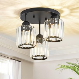 Aixialin 3-Light Modern Close to Ceiling Light Fixtures,Black Kitchen Light Fixtures with Clear Crystal Shade,Hallway Light Fixtures for Hallway Bedroom Bathroom