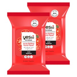 Yes To Tomatoes Clear Skin Acne Fighting Facial Wipes, Acne Prone Skin + Helps Control Oil + Salicylic Acid + 95% Natural Ingredients, 30 Count (Pack of 2)