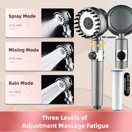 Filtered Shower Head with Handheld, Ion Shower Drops Heads with Hose, 3-Mode High Pressure Shower Head for Hard Water, 360° Rotating Nozzle with Back Scrubber, 2 Filter Replacement, Grey
