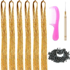 6 Packs 43 Inch Hair Tinsel Extensions with Tools Kit 1200 Strands Tinsel Hair Extensions for Women Girls Heat Resistant Sparkling Shiny Glitter Hair Pieces for Christmas Cosplay Party (43 inch, gold)