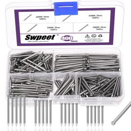 Swpeet 400Pcs 4 Sizes 26/28/ 30/ 35mm Silver Finishing Nails Assortment Kit, Hand-Drive Hardware Carbon Steel Nail Lost Head Nails for Picture Hanging, Wood, Frame, Plaster and Concrete Wall