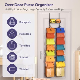Over The Door Purse Organizer - Wall Mounted Purse Rack with 16 Hooks and Metal Basket, Handbag Hanger Organizer Holds up to 16 Bags, Bag Rack Can Use As 1/2 Part, for Door, Closet