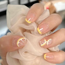 Rilafuvu French Press Nails - 24Pcs Yellow Nude Acrylic Fruits Lemon Designs with Glossy Stick-on Short Artificial Nails