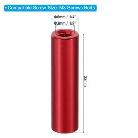 PATIKIL 12pcs M3 Metal Threaded Standoff Spacer Nuts, Round Aluminum Spacers Female Coupling Screws, 1/8" ID x 1/4" OD, Red 3x6x22mm
