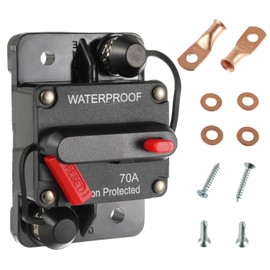 JAMHER 70A Manual Reset Circuit Breaker Inline Fuse Holder Switch DC 12V-48V IP67 Waterproof for Marine/RV/Solar/Trolling Motor with Wire Lugs Copper Washer Screws